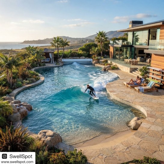 Private back yard surf lagoon with a surfer riding a wave beside a modern coastal home